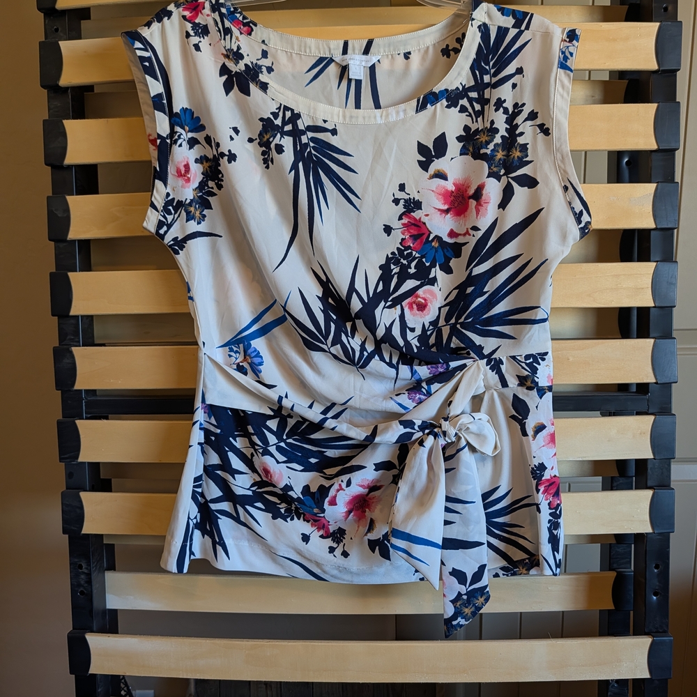 New York & Company Floral Tie-Front Blouse - Cream and Blue